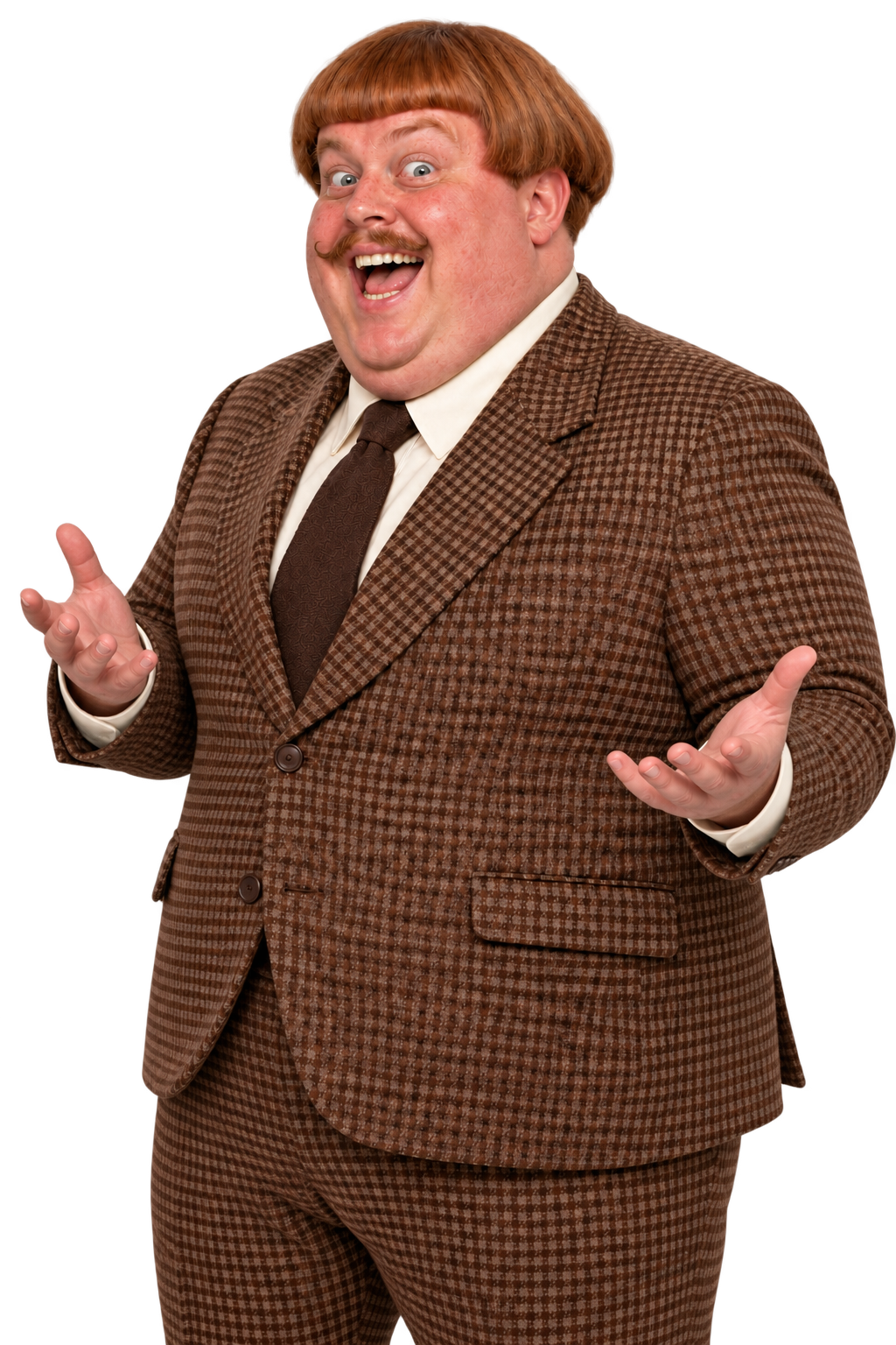 Bernard, a cheerful character in a brown checked suit